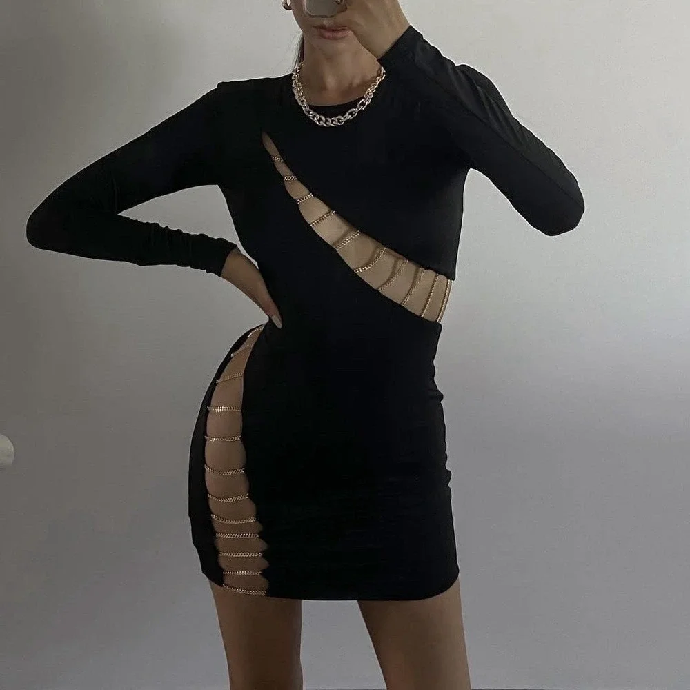 Meshki Chain Dress Women's Medium Black Gold Mini Bodycon Sexy Designer Stretch - Picture 1 of 12